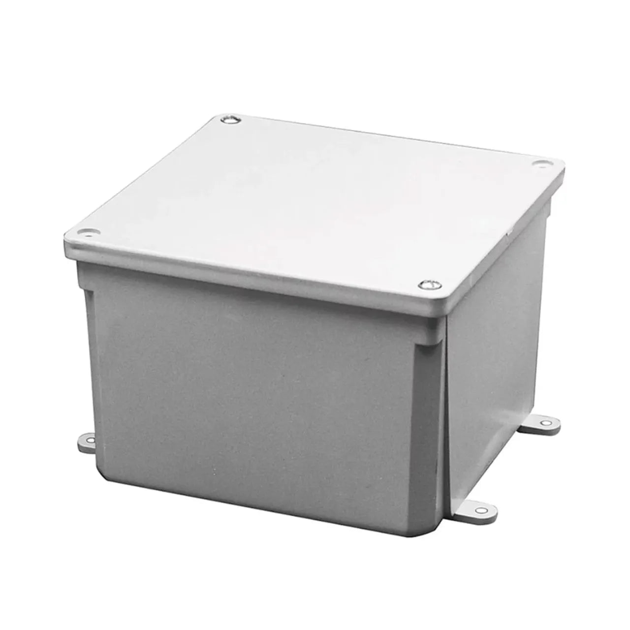 The Go Build 6 in. x 6 in. x 4 in. Junction Box is a gray PVC enclosure with a flat, screw-secured lid and base mounting tabs for easy conduit connections—ideal for electrical or electronic installations.